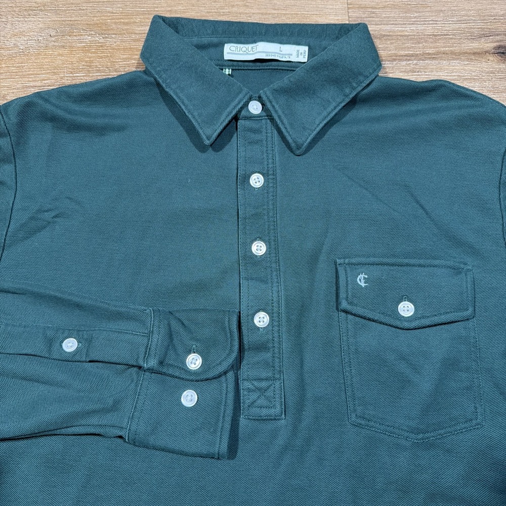 Criquet Polo Shirt Mens LARGE Green Long Sleeve Golf Golfer Office Pique Casual